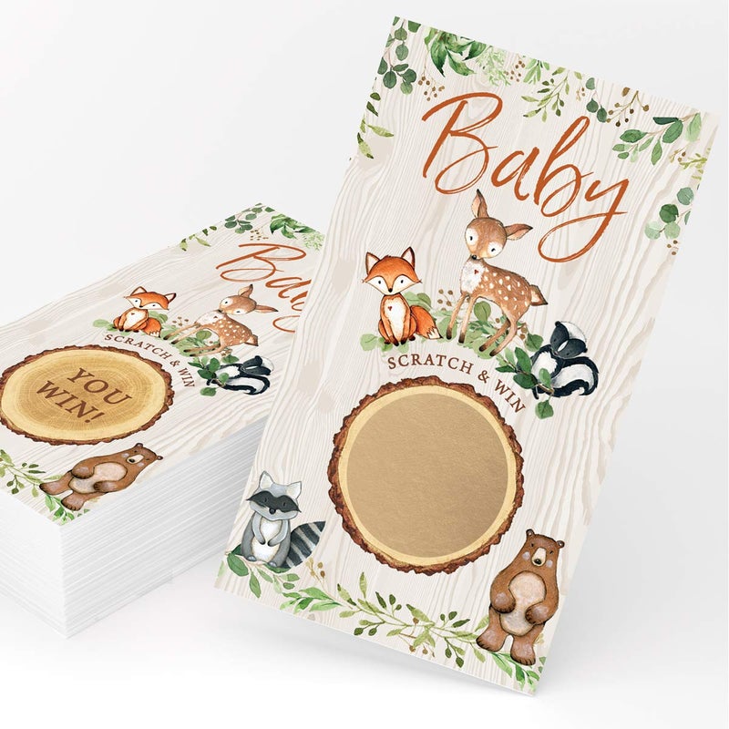 Printed Party Baby Shower Game â€“ Woodland Scratch Off Cards for Boy or Girl, Forest Animal Theme, 30 Cards & Stickers - Image 1